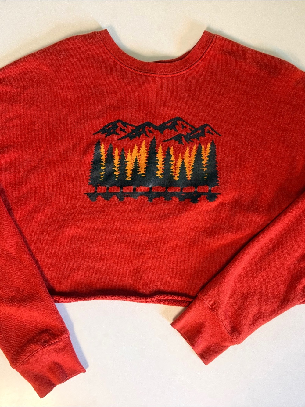 Bella + Canvas Red Sweatshirt with Black and Yellow Mountain Graphic
